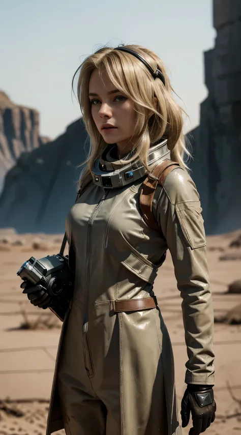 angry sexy blonde woman space ranger, ultra dirty clothing, very dusty uniform and battle worn, full body shot head to toe, expl...