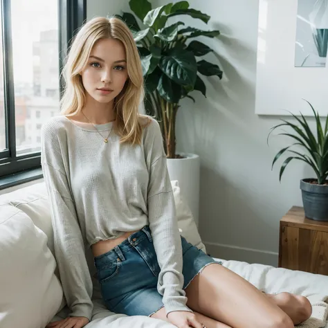 Create an image of a blonde woman with a serene expression, wearing a casual chic outfit, poised in a sunlit urban loft that exudes a cozy yet stylish atmosphere, with hints of green plants and modern decor in the background.