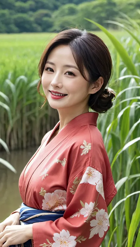 masterpiece,highest quality,top,(mature woman_woman:1),(mature woman:1.3), (50歳のmature woman.1.3)(((Very big big)))、(((big big tits)))、(((Big big cleavage)))、{Rural Japan(rice field ridge)}、cute smile、well tanned skin、Delicate and precise skin texture、(Plu...