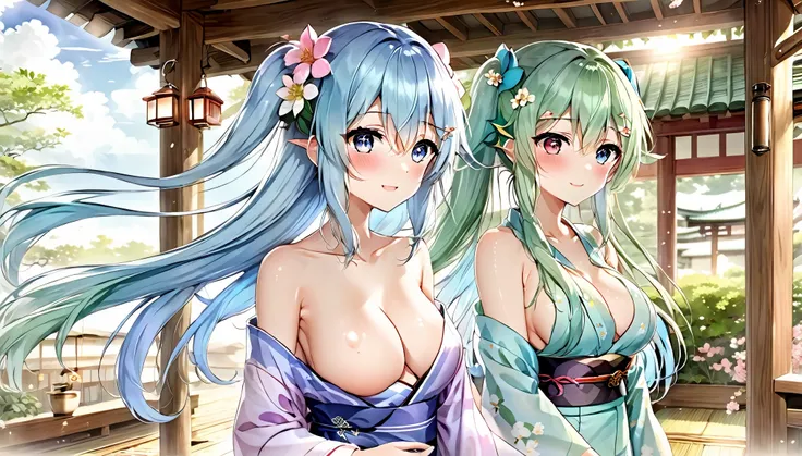 (masterpiece, best quality), 3 elven girld, ( collar bone, bare breasts,  nipples, navel, clotch, thigh),  view from side, (light blue hair, twin tails ,very long hair is floating ), hair between eyes, multi colored hair,hair flower ornament ,blush,  aqua ...