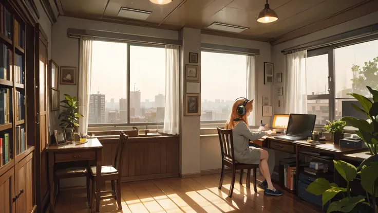 "A cozy, atmospheric interior of a room with a young woman sitting at a desk by a window, studying intently with a large book open in front of her. She is wearing headphones with the word Lofi on them, and theres a sense of calm concentration. The desk is ...