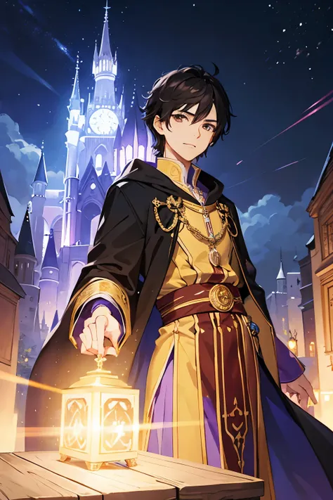 prince, brown eyes, short black hair, handsome, skinny, royalty, fancy robes, magic, castle background, vivid colors, spring