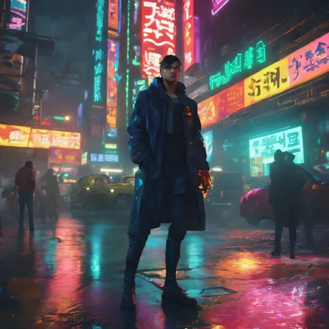 (Best quality, 4k, Ultra-detailed, Photorealistic, Photorealistic: 1.2), Cyberpunk cityscape, futuristic, oversized neon billboard, rainy streets, high-rise buildings, dark and gritty atmosphere, characters, jackets, glow signs, reflected on wet pavement, ...