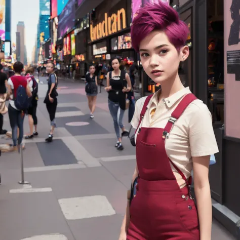 Suspender jeans(masterpiece, best quality:1.2), Very short hair, alone，Pale pink，Light rouge makeup（（（Short hair）））（minor）masterpiece， Outdoor backstreets，time square, New York，best quality， movie lighting， soft light ,Realistic，facial close-up，Landscape a...