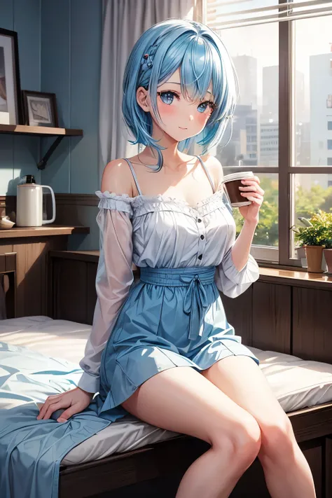 1girl, bluenette hair, light blue hair, next door girl, morning, coffee, soft smile 