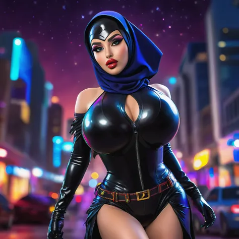 (best quality,4k,highres,masterpiece:1.2),ultra-detailed,realistic:1.37,a super heroine,athletic,cute face, crow themed makeup, hijab,beautiful detailed eyes,beautiful detailed lips,extremely detailed eyes and face,long eyelashe,malaysian:1.1 (age 28),crow...