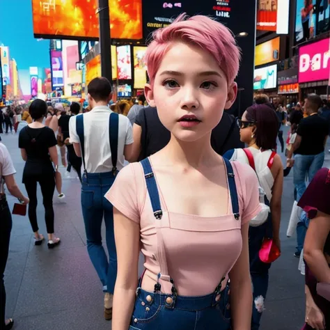 Suspender jeans(masterpiece, best quality:1.2), Very short hair, alone，Pale pink，Light rouge makeup（（（Short hair）））（minor）masterpiece， Outdoor backstreets，time square, New York，best quality， movie lighting， soft light ,Realistic，facial close-up，Landscape a...