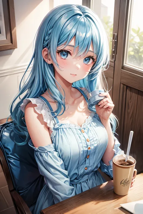 1girl, bluenette hair, light blue hair, next door girl, morning, coffee to go, soft smile 