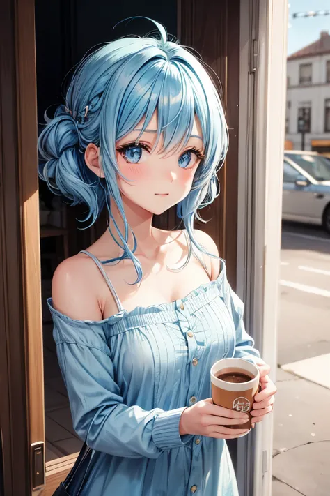 1girl, bluenette hair, light blue hair, next door girl, morning, coffee to go, soft smile 