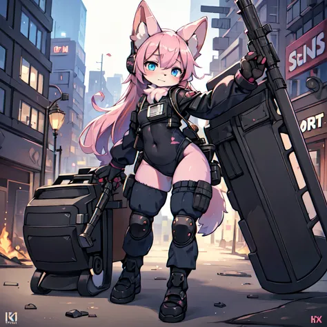 (best quality,4k,8k,highres,masterpiece:1.2),ultra-detailed,(realistic,photorealistic,photo-realistic:1.37),Kawaii, pink striped Fluffy Fox, Pink hair, Blue Eye, Red Eye, heterochromia, Solo, body fur, in the Night Ruined city, Mechanical tissue skin, cybe...