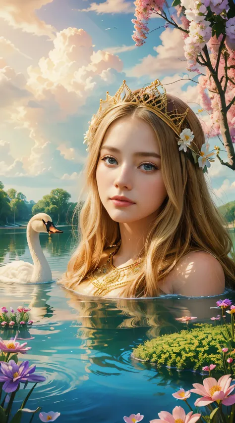 summer fun queen women goddess 8k resolution rendered hyper realistic intricate detail lives in an a sunny temple of flowers and...