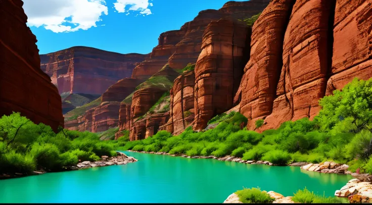 A spectacular canyon carved by the turquoise waters of a river, winding between rocky walls covered in lush green vegetation. The deep blue sky above contrasts with the reddish rocks, creating a stunning and photorealistic landscape in 8K resolution