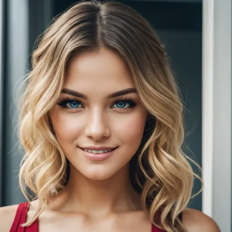 blonde young sexy model, posing with her face directly into the camera, smiling, perm, curly hair, curls, curly curls, looking directly into the camera, gray-blue eyes, gray eyes, expressive detailed eyes, studio photo, full face, 8k, raw photo, gorgeous E...