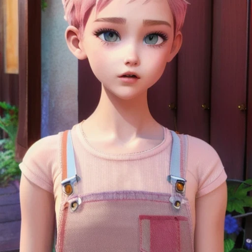 Suspender jeans(masterpiece, best quality:1.2), Very short hair, alone，Pale pink，Light rouge makeup（（（Short hair）））（minor）masterpiece， Outdoor backstreets，Lunar soil，best quality， movie lighting， soft light ,Realistic，facial close-up，Landscape avatar，666， ...