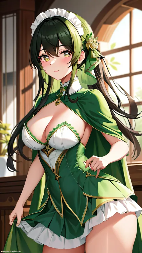 masterpiece:1.0, best_quality:1.0, 1girl, solo, nahida_genshin, cross-shaped pupils, maid outfit, green cape, standing,

This image showcases a single captivating figure of Nahida from Genshin Impact. Her masterful portrayal is encapsulated in every detail...