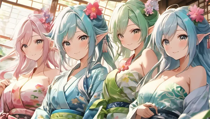 (masterpiece, best quality), 3 elven girld, ( collar bone, bare breasts,  nipples, navel, clotch, thigh),  view from side, (light blue hair, twin tails ,very long hair is floating ), hair between eyes, multi colored hair,hair flower ornament ,blush,  aqua ...