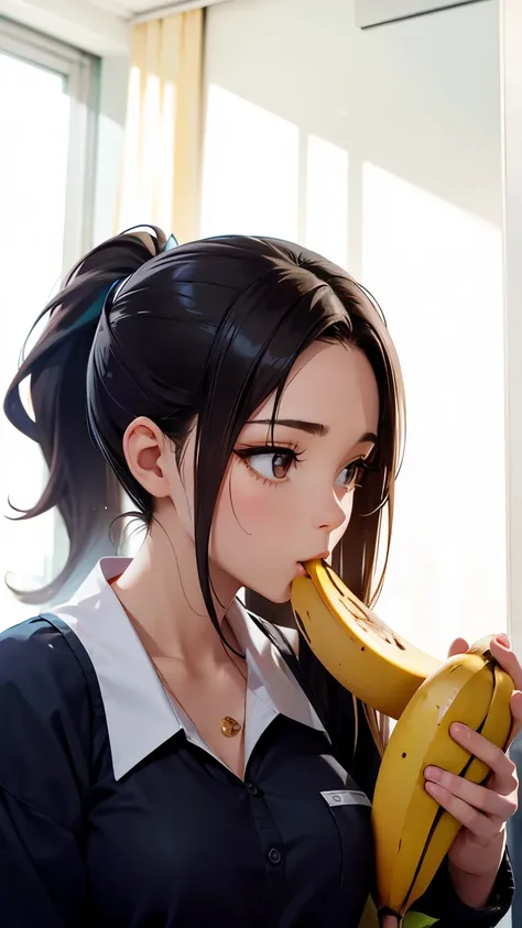 raw photo,real person,16k,woman holding a banana in her mouth、long hair、ponytail、beauty、female college student、breast enhancemen...