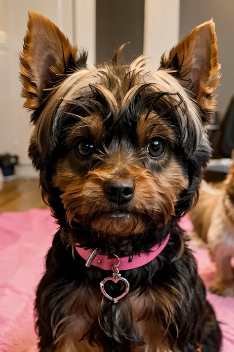 Create a photorealistic close-up image of a grooming service, provided by a Yorkshire Terrier dog grooming salon. The image must contain bright, vibrant colors, to attract the viewer&#39;s attention