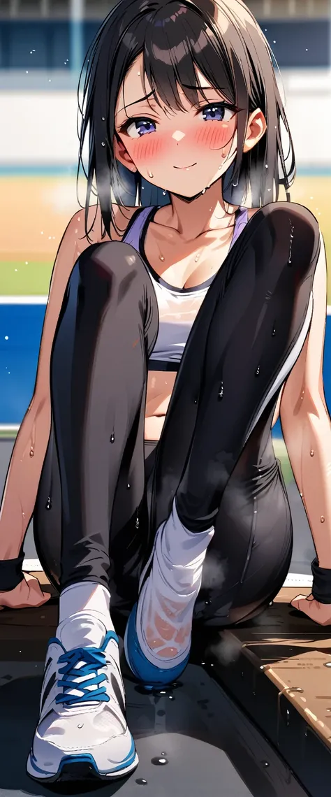 woman,20-year-old,Sports field(((spats,sports bra))),,closed mouth smile,(),((sports shoes)),((black hair)),blush,,((sit with legs wide apart))(wet with sweat)