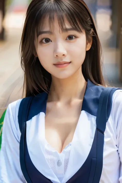 highest quality, masterpiece, ultra high resolution, (realistic:1.4), Raw photo, 15 year old girl, ((leaning forward):1.3), ((From above)), (navy sailor suit:1.2), (Very cute face like the most popular Japanese idol, very childish face, ((very beautiful bi...