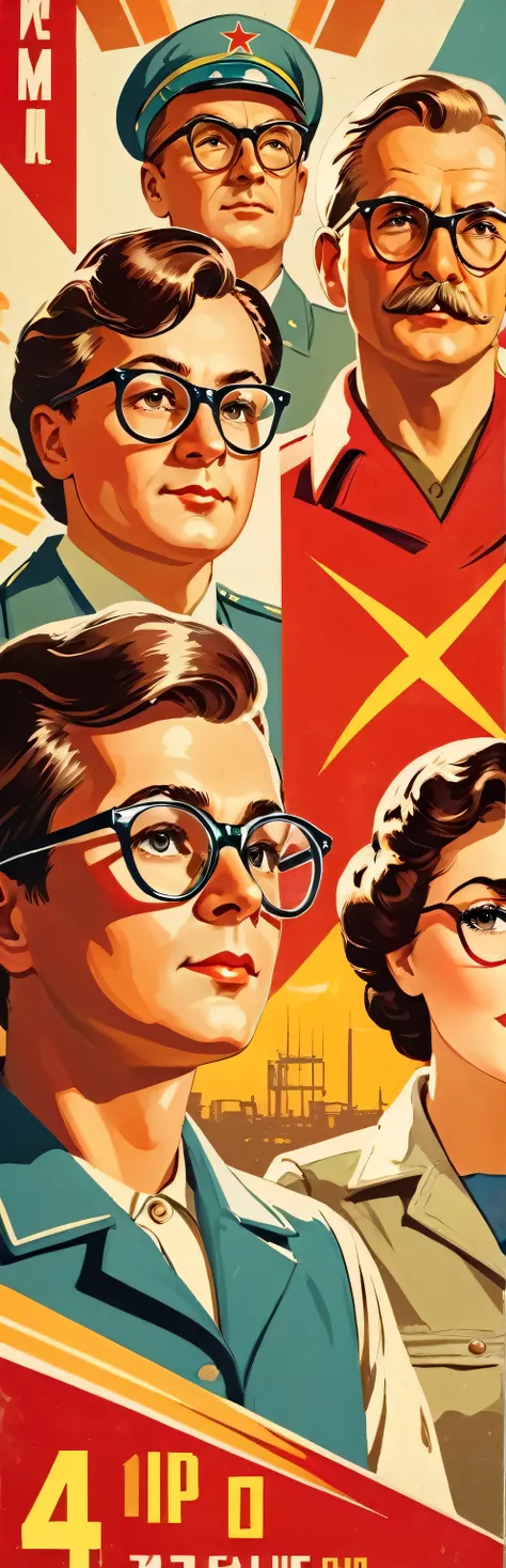 Turn face 45 degrees to the left, people of various professions, Wear glasses, Soviet Union, labor, Retro Style, soviet poster