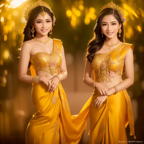 (Mrs. Mahothorn Devi, Miss Songkran 2024, masterpiece, best quality, ultra high definition, intricately detailed, vibrant colors, traditional Thai dress, golden sunset background, beautiful flowers surrounding, radiant smile, elegant pose, perfectly coiffe...