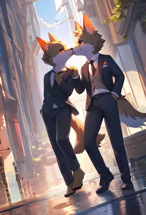 cover page, highres, top quality, best quality, paid reward available, unparalleled masterpiece, perfect artwork, absurdres, High-quality illustrations, super high resolution, detailed background, perfect anatomy(handsome 2boy, kemono, suits, furry anthro,...