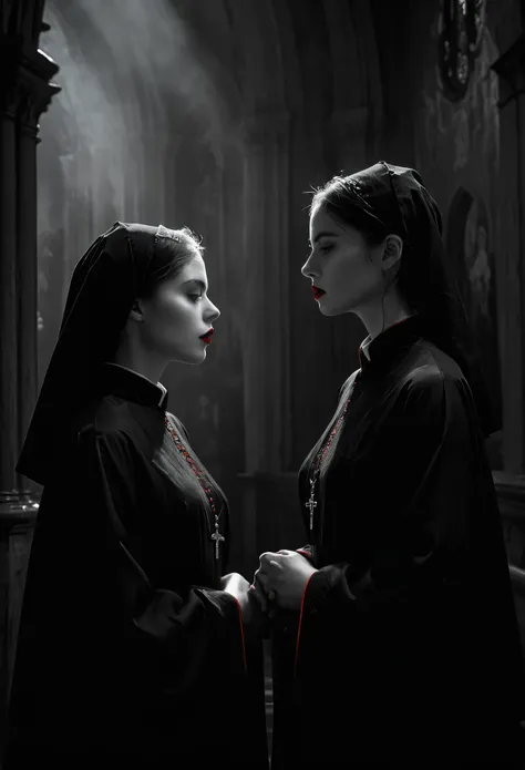 (masterpiece, top quality, 8k, best quality, official art, beautiful and aesthetic:1.2),  closed church, Sisters robes, ,description of a nun, fear, Gothic, Red accent on black and white, red lips