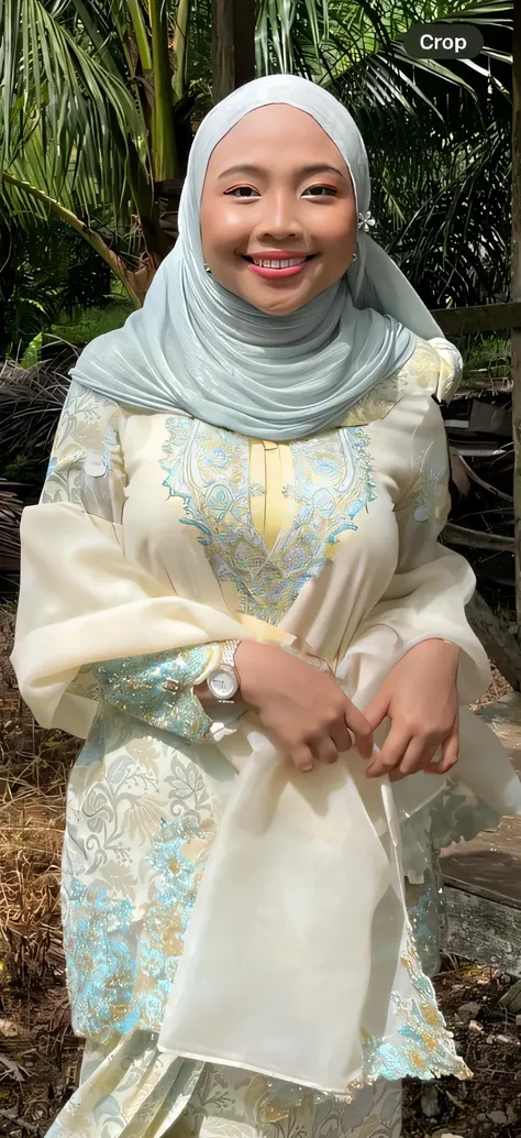 (best quality, ultra-detailed), beautiful malay girl, wearing light yellow tight baju kurung, laced with teal flower design, covered chest, tight at chest, nipples pointing out under clothes, modest wearing, awek tudung ketat, thick nipples