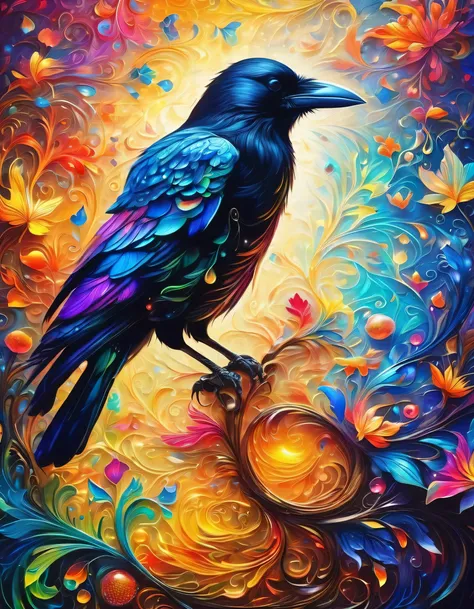 close-up shot of a crow,masterpiece,best masterpiece,highest quality,rendering,rich colors,cast colorful spells,dream-like,detai...