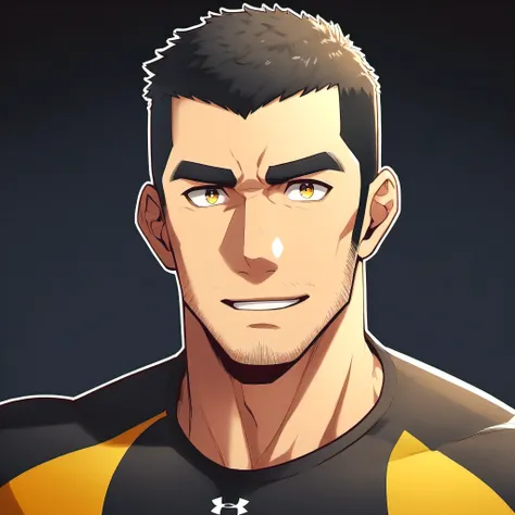 anime characters：Gyee, Fitness coach, 1 muscular tough guy, Manliness, male focus, Under Armour brand sports tight T-shirt, Slightly transparent, muscular male, muscular, only, Upper body, alone, Black short hair, Thick eyebrows, stubble, Yellow eyes, Blac...