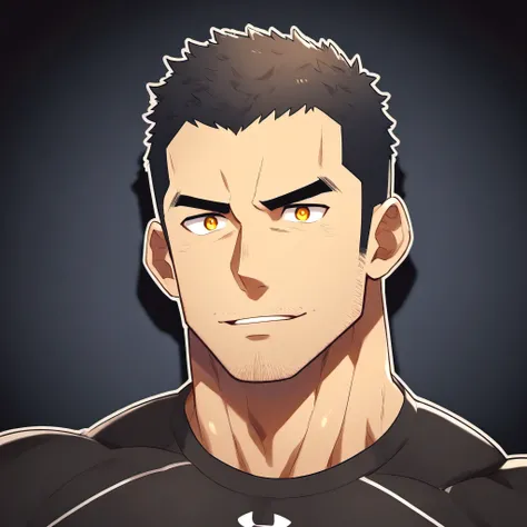 anime characters:Gyee, Fitness coach, 1 muscular tough guy, Manliness, male focus, Yellow and black tight T-shirt, Under Armour brand sports tight T-shirt, Slightly transparent, muscular male, muscular, only, Upper body, alone, Black short hair, Thick eyeb...