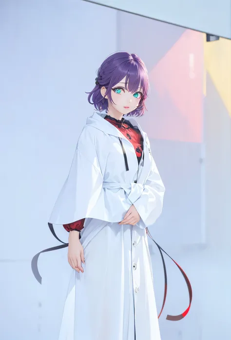 1girl, solo, short hair, purple hair,glowing green eyes, 
BREAK ((red and black outfit:1.5))
BREAK (masterpiece:1.2), best quality, high resolution, unity 8k wallpaper, (illustration:0.8), (beautiful detailed eyes:1.6), extremely detailed face, perfect lig...