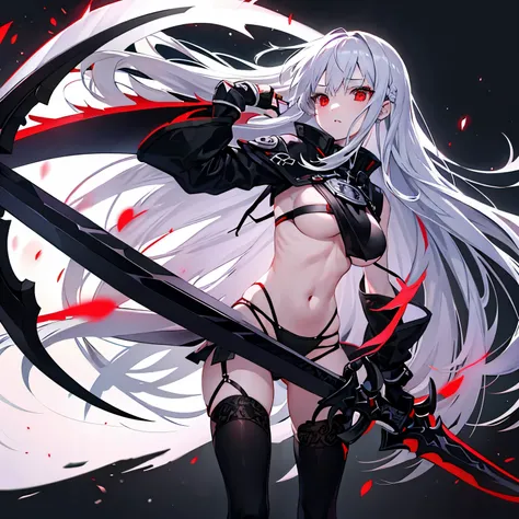 silver hair　long hair　red eyes　small breasts　girl　young　Wields a large sword　black underwear