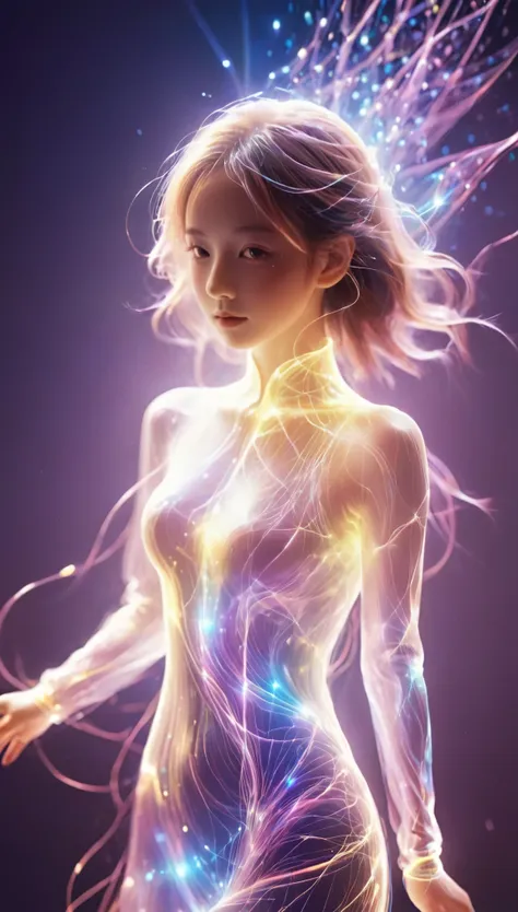 lines of light,particles of light,a girl made of particles,the density of lines at the finger part is high,a girl made of light,