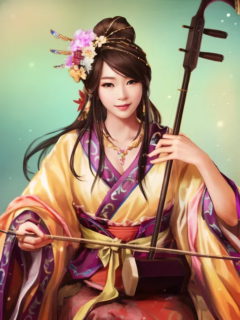 A person wearing a kimono、Close-up of woman holding string instrument, beautiful fantasy queen, chinese princess, beautiful figure painting, japanese goddess, palace ， A girl wearing Hanfu, Chinese goddess, Inspired by Zhu Lian, Onmyoji portrait, asian dyn...