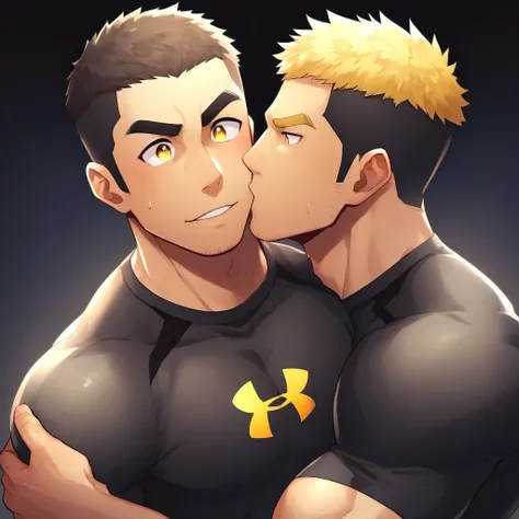 anime characters：Gyee, Fitness coach, Two fitness trainers, Manliness, male focus, Embrace, kiss, Yellow and black tight T-shirt, Under Armour brand sports tight T-shirt, Slightly transparent, muscular male, muscular, only, Upper body, alone, Black short h...