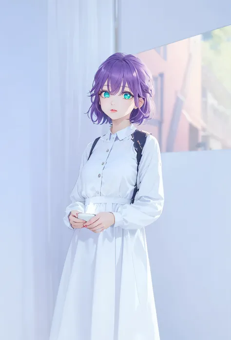 1girl, solo, short hair, purple hair,glowing green eyes, 
BREAK (masterpiece:1.2), best quality, high resolution, unity 8k wallpaper, (illustration:0.8), (beautiful detailed eyes:1.6), extremely detailed face, perfect lighting, extremely detailed CG, (perf...