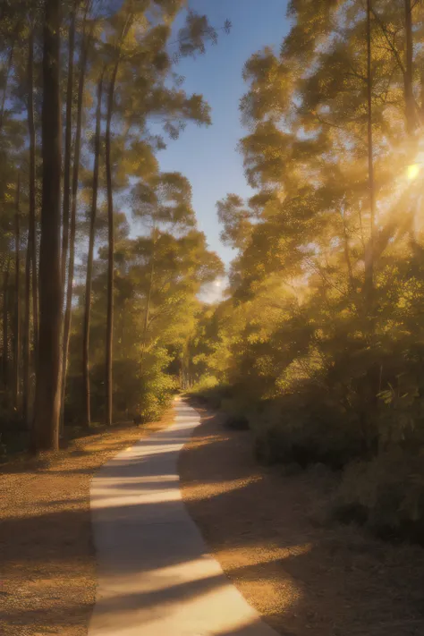 Winding path through eucalyptus forest at golden hour, Captured in real life with 8K photography, Sunlight rays are filtered through the leaves, Exquisite expression of all textures and shadows, a masterpiece showcasing the beauty and harmony of nature. (m...