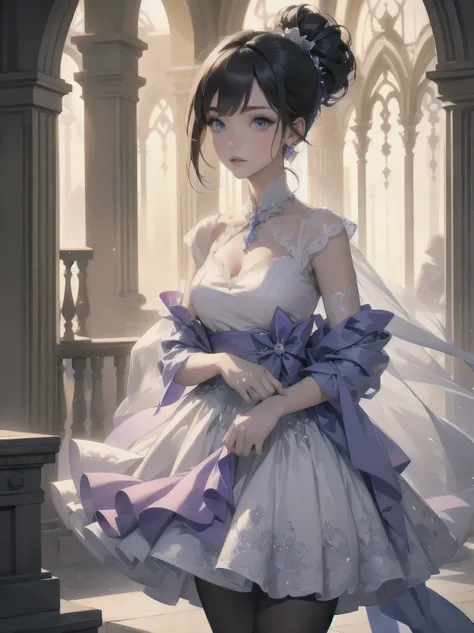  bride: wedding ring shining on ring finger Fusion of medieval European fashion Emphasis on elements of cuteness and adoration Posed illustration of the overwhelming cuteness of the character in the foreground Overwhelming architectural and cityscape backg...