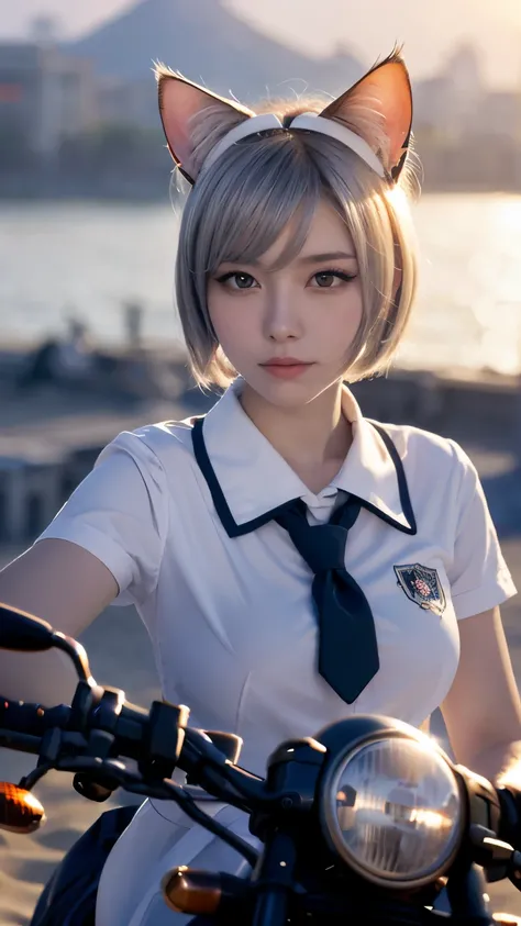 Masterpiece, 4K, bokeh, Photorealistic, Photorealistic, high school girl on the beach , (Japanese idle:1.6), (White bob hair:1.3), Light blue eyes, (Cat ears:1.3), Plump breast, (school uniform:1.3), Ride on motorcycle, sunset seashore, Closeup