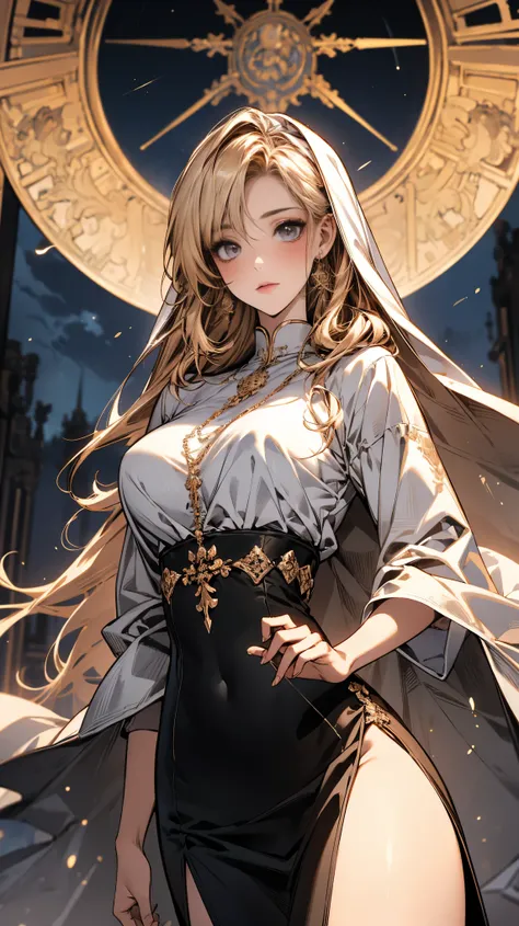 (ultra high resolution, 8K original image, lifelike, thin outline), (movie lighting, Textile shading), (nun&#39;Scarf with gold embellishments:1.3, gold cross jewelry), (巨Big deal乳房, Breast sagging, Big deal , split), 1 girl, ((knight, milf:1.2)), 20 years...