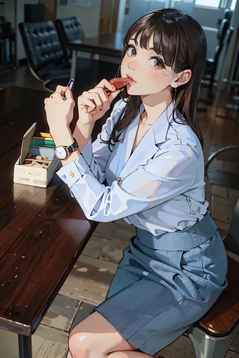 there is a woman sitting at a table brushing her teeth, with a cigar, sakimichan, girl in a suit, wearing a business suit, girl ...