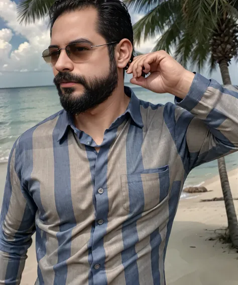 (best quality,4k,8k,highres,masterpiece:1.2), ultra-detailed, realistic:1.37, HDR, studio lighting, professional, vivid colors, bokeh, portraits, man in his late 30s, bearded, wearing sunglasses, wearing formal attire with checkered shirt, walking on the b...