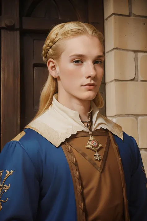 Edimburgh, 1547. A young ((((21-year-old)) Francis Crawford of Lymond)), tall, athletic, angular features, strong jawline, high cheekbones, piercing eyes, charismatic, ((amused expression)). Outside a castle, ((((clothings from the 1540s)))), ((blonde hair...