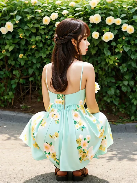 Woman wearing long tight flower dress,  squatting down, back view close