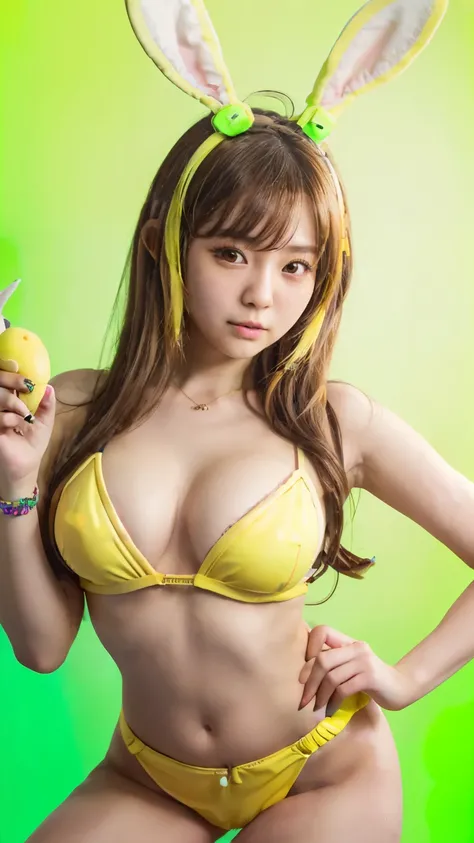 Masterpiece, 4K, bokeh, (Japanese idol:1.6), Beautiful high school girl,  Yellow bob hair, (Bunny ears:1.4), (Yellow Bunny Girl:1.6), looking at the viewer, cowboy shot, holding bananas in both hands, (Neon yellow background :1.4), 