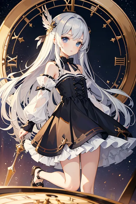 1girl ,{Background (In a huge clock)}, {Deep black blue eyestwinkling with the stars}, {Beautiful lolita}，(beautiful detailed eyes)，long_ hair，{loli},{{{clock style magic array}}},With magic feathers floating around，{masterpiece}, {(best quality)},{high-qu...