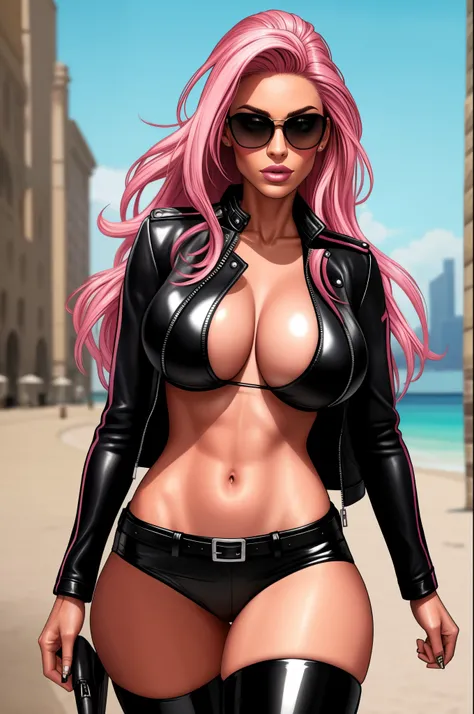 pink bikini, black leather jacket