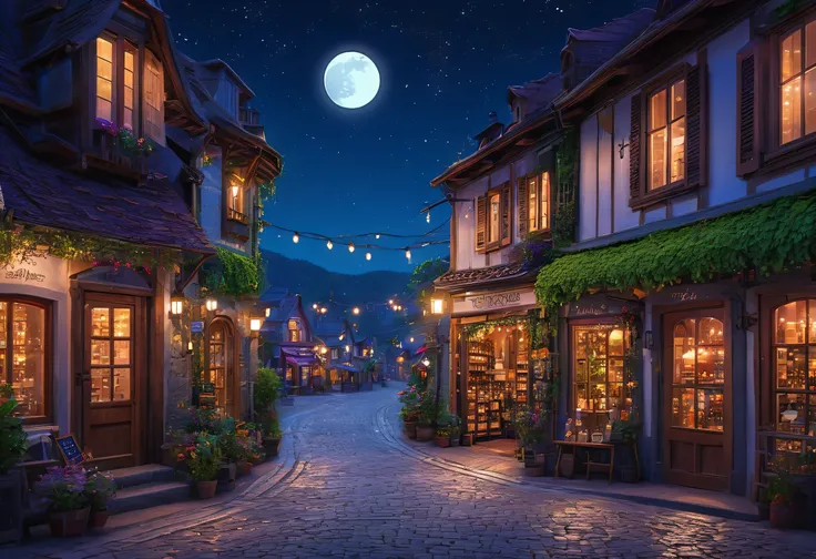 There&#39;s a little town with a moon and a wine shop, ✨🕌🌙, night village backgrounds, Moonlight night dreamy atmosphere, Detailed Store, Moonlight night, Moon Street, Bustling streets in the moon, magical village, A dreamlike night, moonlight starry envir...